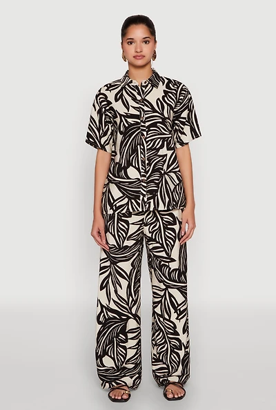 Palm Leaf Print Wide Leg Pants