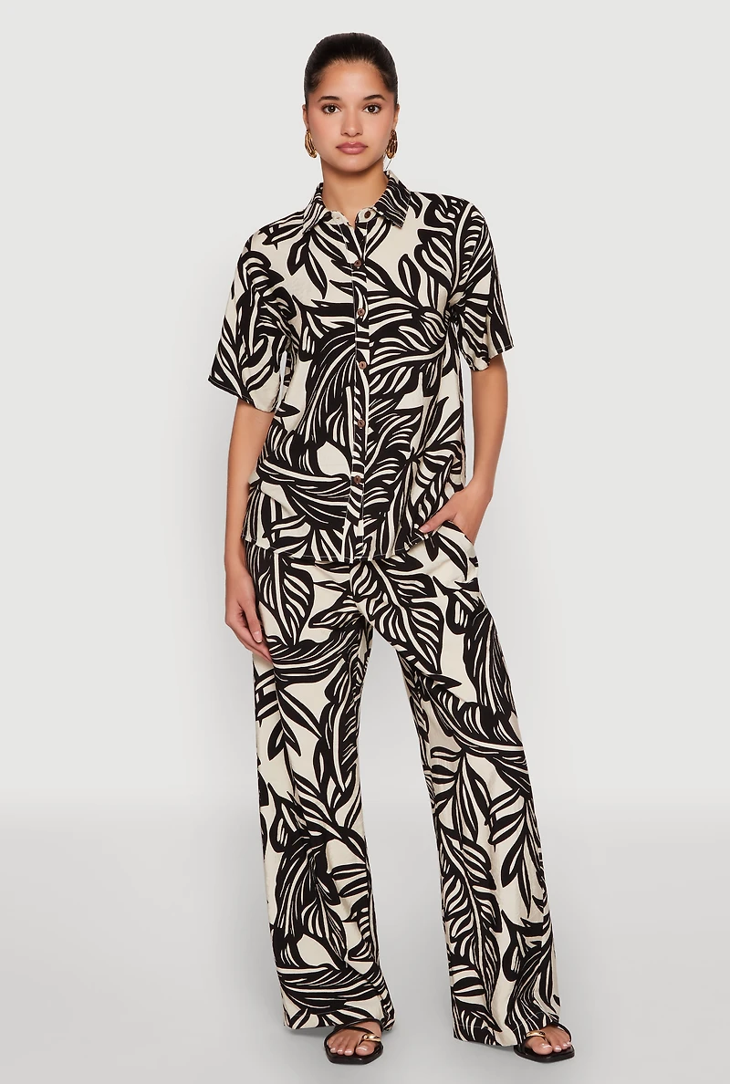 Palm Leaf Print Wide Leg Pants