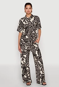 Palm Leaf Print Wide Leg Pants