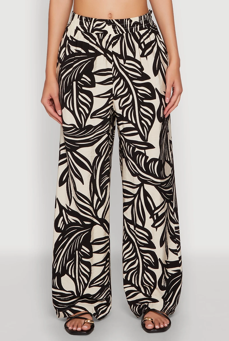 Palm Leaf Print Wide Leg Pants