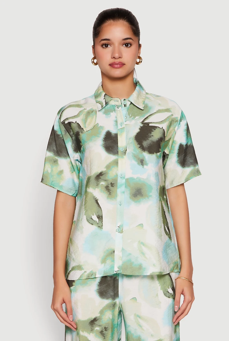 Womens Abstract Leaf Print Button Front Shirt, Green, Size S