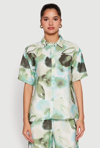 Womens Abstract Leaf Print Button Front Shirt, Green, Size S
