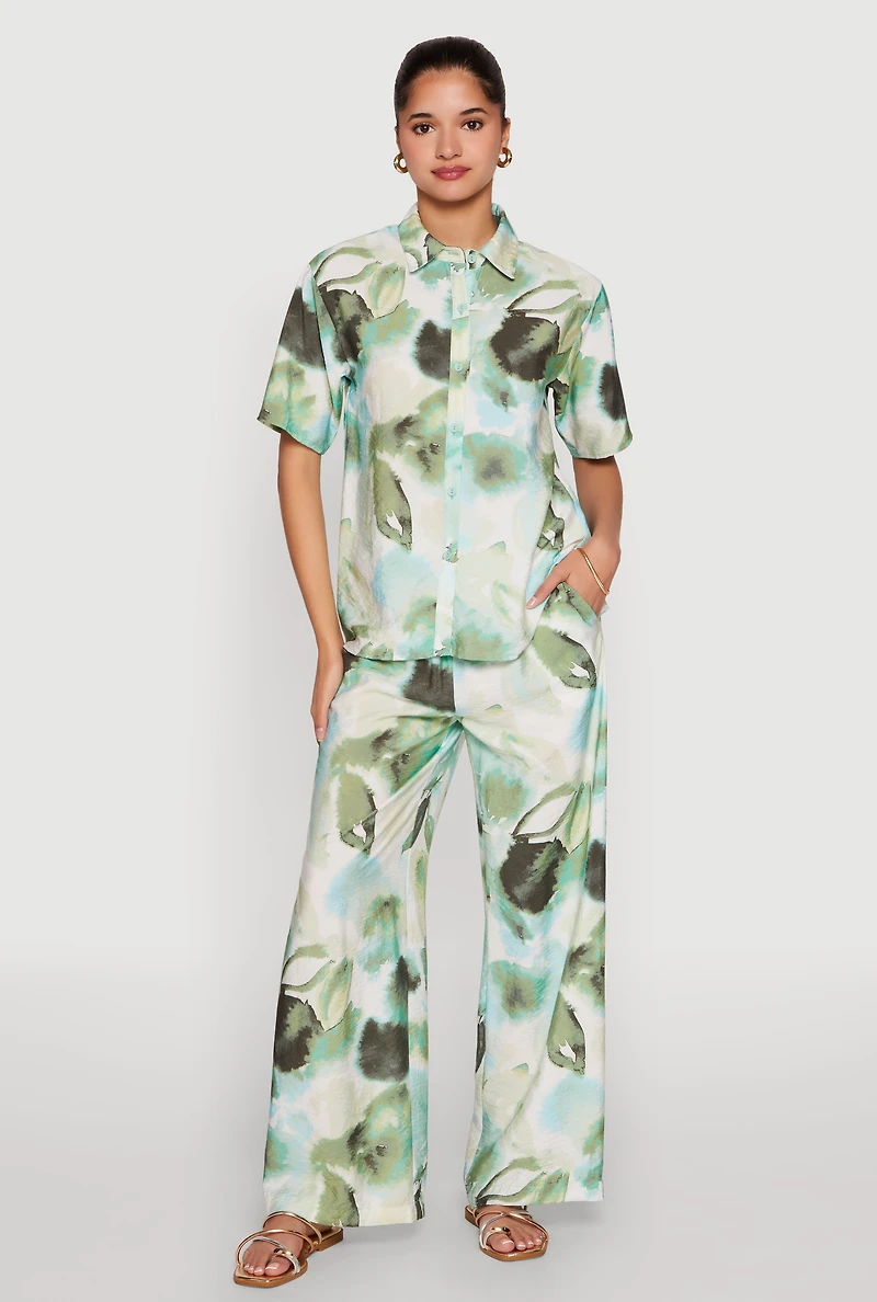 Womens Abstract Leaf Print Button Front Shirt, Green, Size S