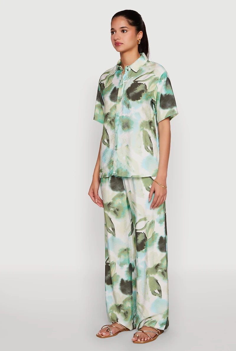 Womens Abstract Leaf Print Button Front Shirt, Green, Size S
