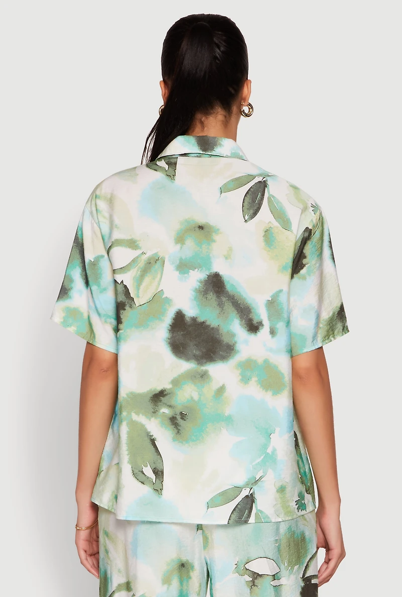Womens Abstract Leaf Print Button Front Shirt, Green, Size S