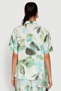 Womens Abstract Leaf Print Button Front Shirt, Green, Size S