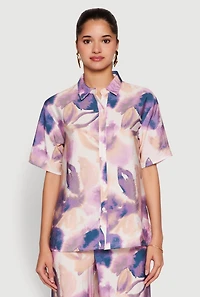 Womens Abstract Leaf Print Button Front Shirt, Purple, Size S