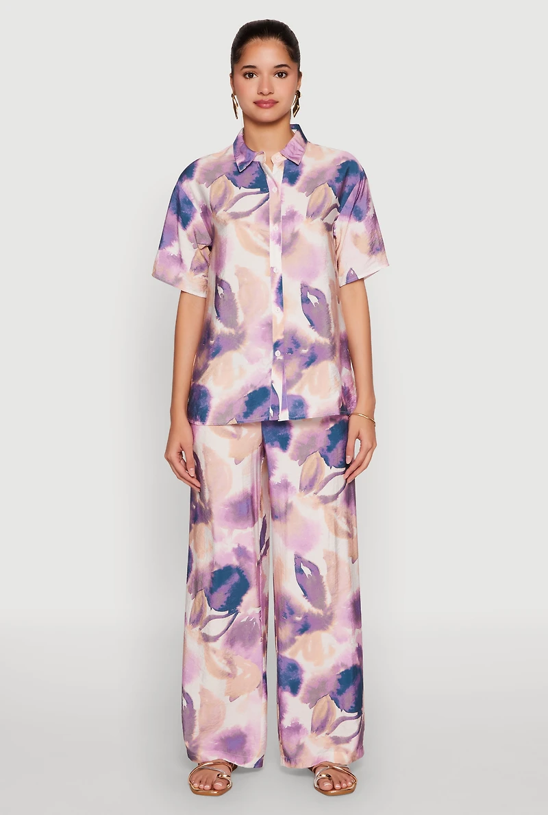 Womens Abstract Leaf Print Button Front Shirt, Purple, Size S