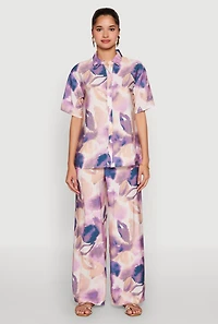 Womens Abstract Leaf Print Button Front Shirt, Purple, Size S