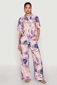 Womens Abstract Leaf Print Button Front Shirt, Purple, Size S