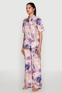 Womens Abstract Leaf Print Button Front Shirt, Purple, Size S