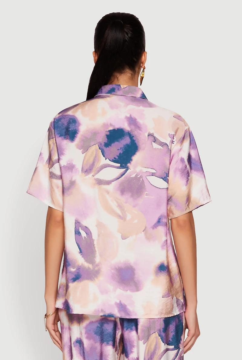 Womens Abstract Leaf Print Button Front Shirt, Purple, Size S