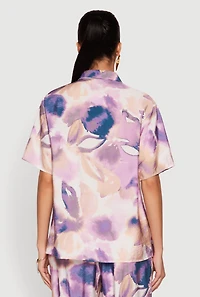 Womens Abstract Leaf Print Button Front Shirt, Purple, Size S