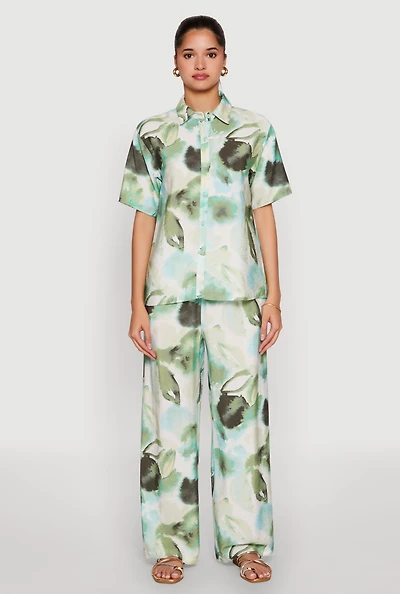 Womens Abstract Leaf Print Wide Leg Pants, Green, Size M