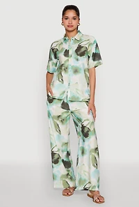 Womens Abstract Leaf Print Wide Leg Pants, Green, Size M