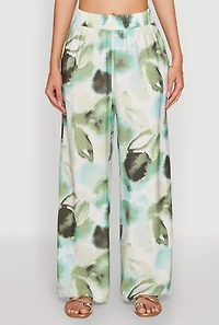 Womens Abstract Leaf Print Wide Leg Pants, Green, Size M
