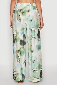 Womens Abstract Leaf Print Wide Leg Pants, Green, Size M