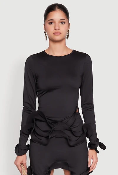 Womens Long Sleeve Wired Ruffle Blouse, Black, Size M