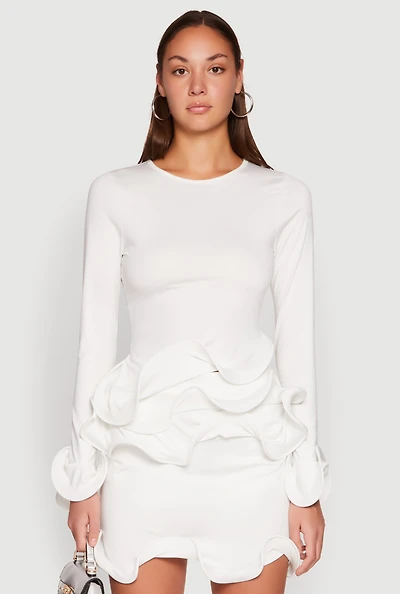 Womens Long Sleeve Wired Ruffle Blouse, White, Size M