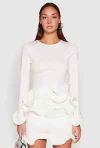 Womens Long Sleeve Wired Ruffle Blouse, White, Size M