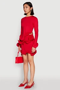 Womens Long Sleeve Wired Ruffle Blouse, Red, Size S