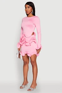 Womens Long Sleeve Wired Ruffle Blouse, Pink, Size M