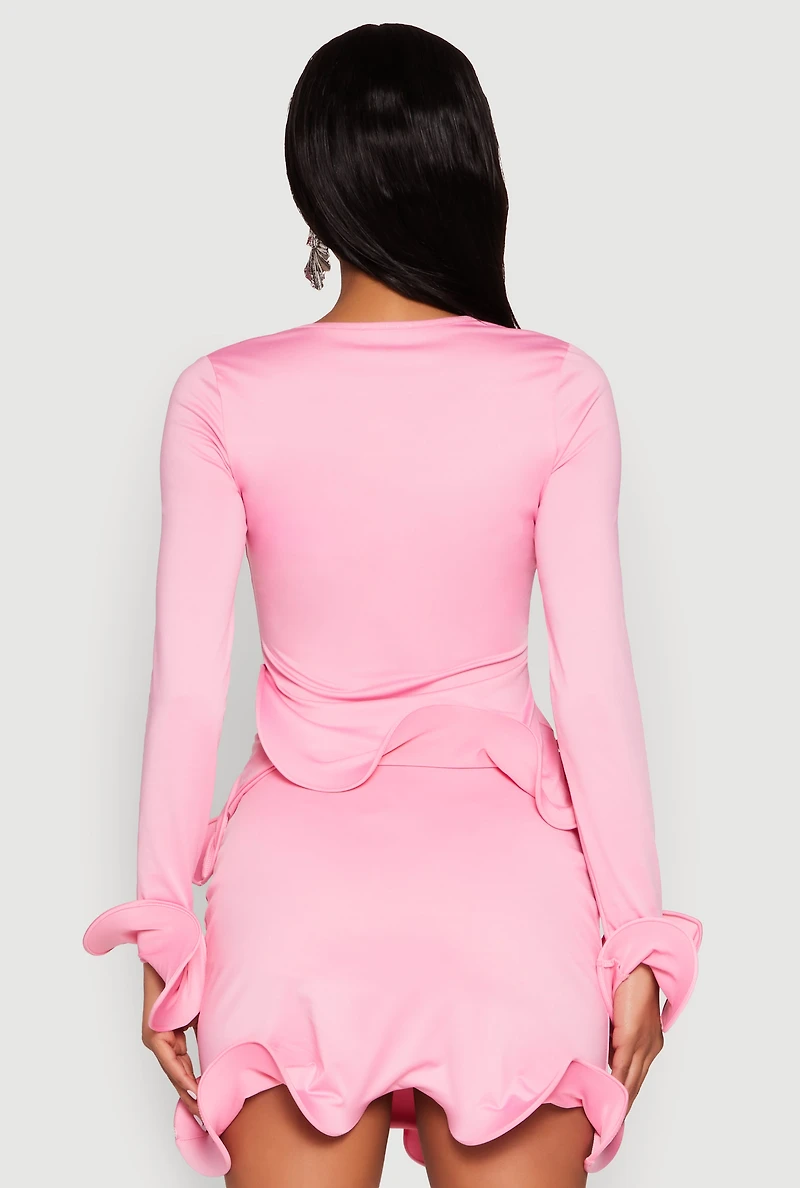 Womens Long Sleeve Wired Ruffle Blouse, Pink, Size M