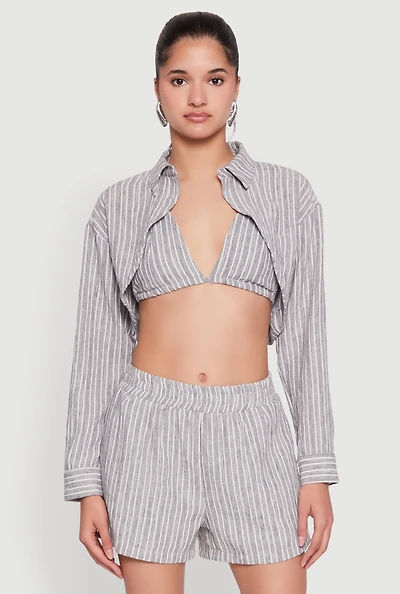Womens Striped Bolero Jacket and Halter Bikini Top, Grey, Size M