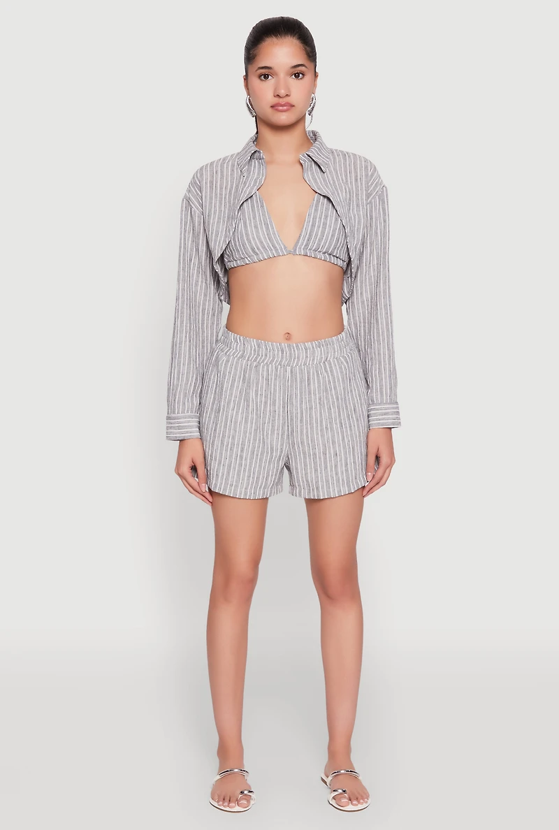 Womens High Waisted Pinstripe Shorts, Grey, Size XL