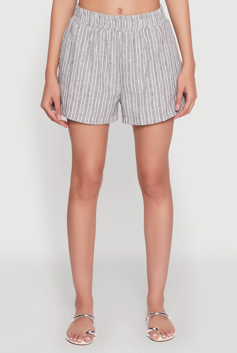 Womens High Waisted Pinstripe Shorts, Grey, Size XL