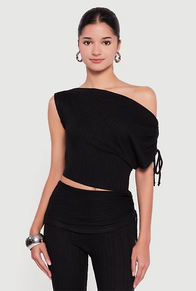 Womens Brushed Rib Knit One Shoulder Drawstring Crop Top,