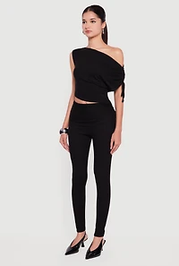 Brushed Rib Knit One Shoulder Drawstring Crop Top