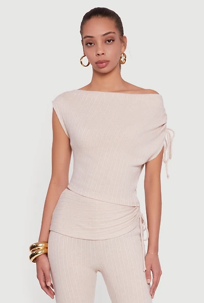 Womens Brushed Rib Knit One Shoulder Drawstring Crop Top,