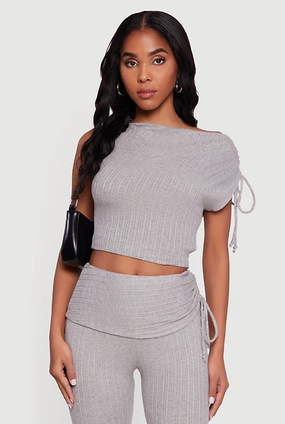 Brushed Rib Knit One Shoulder Drawstring Crop Top