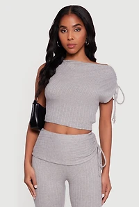 Brushed Rib Knit One Shoulder Drawstring Crop Top