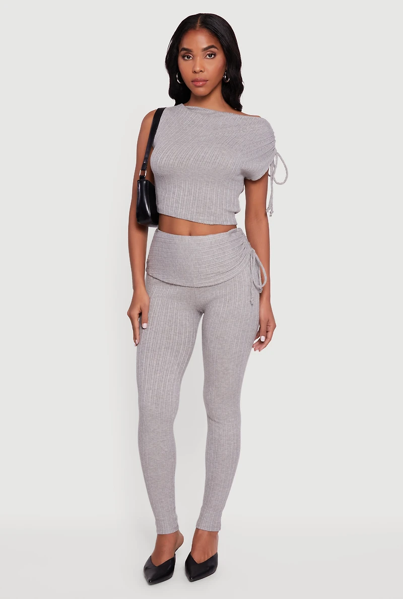 Brushed Rib Knit One Shoulder Drawstring Crop Top