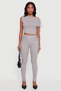 Brushed Rib Knit One Shoulder Drawstring Crop Top