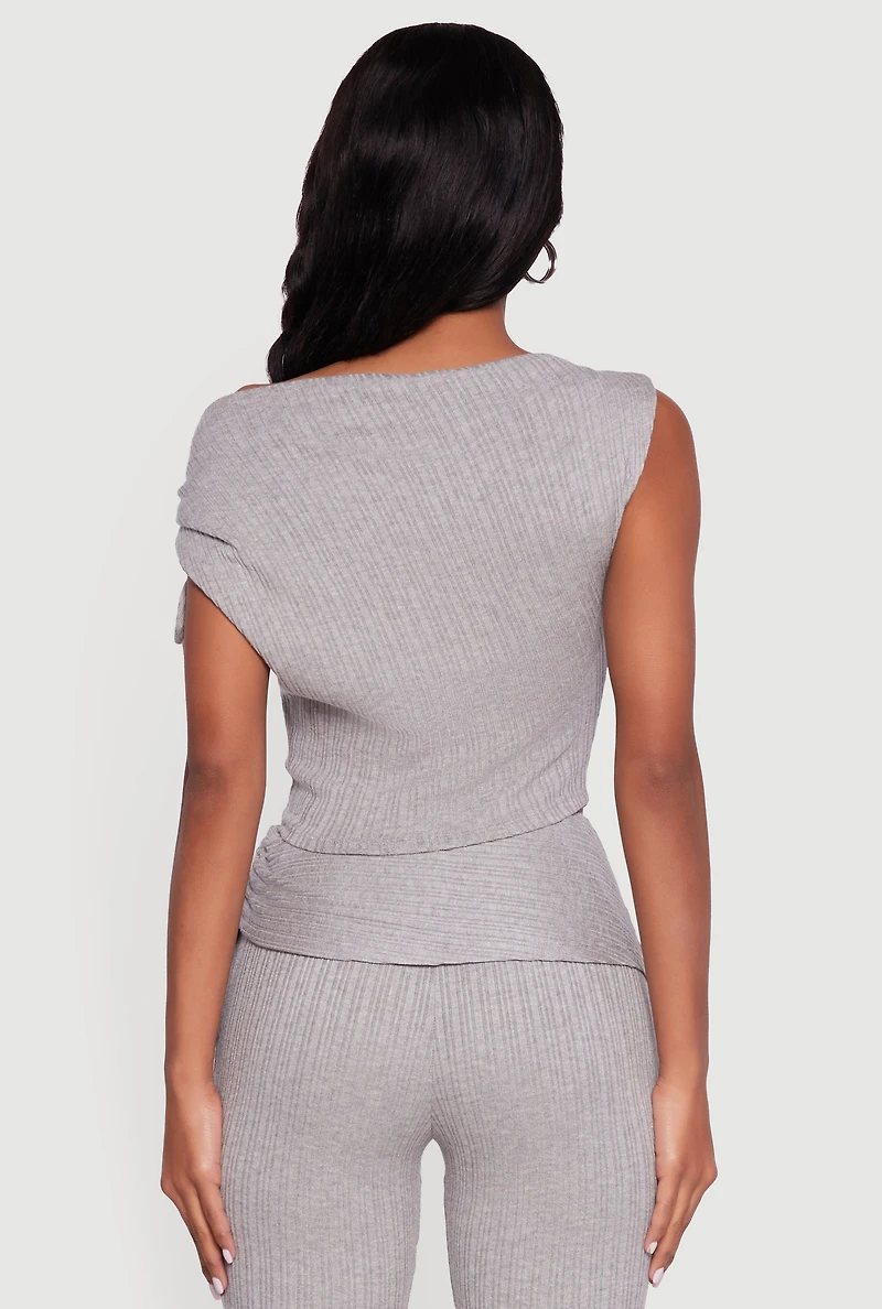 Womens Brushed Rib Knit One Shoulder Drawstring Crop Top, Grey,
