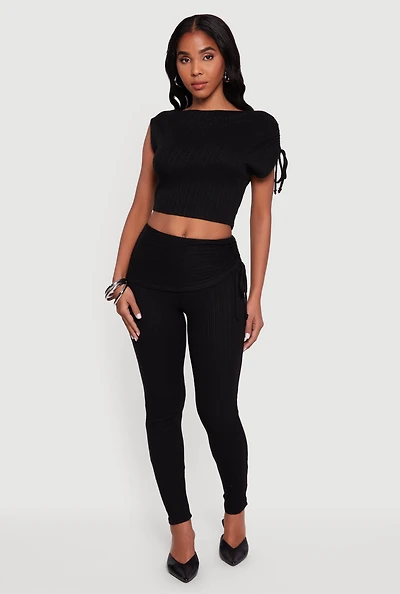 Womens Brushed Rib Knit Fold Over Ruched Side Leggings,