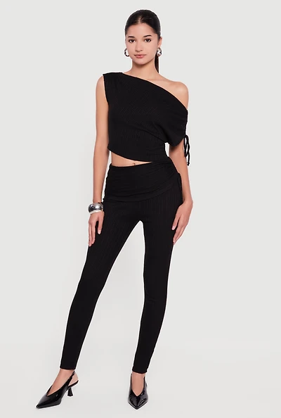 Brushed Rib Knit Fold Over Ruched Side Leggings