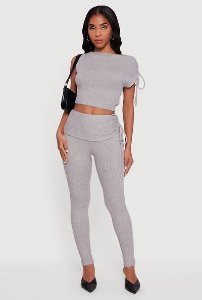 Brushed Rib Knit Fold Over Ruched Side Leggings