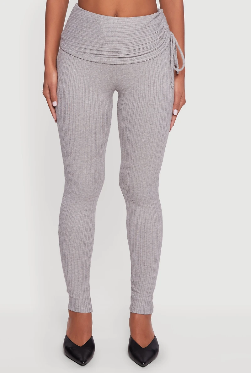 Brushed Rib Knit Fold Over Ruched Side Leggings