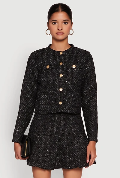 Womens Tweed Flap Pocket Cropped Button Front Blazer,