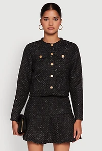 Womens Tweed Flap Pocket Cropped Button Front Blazer, Black, Size L