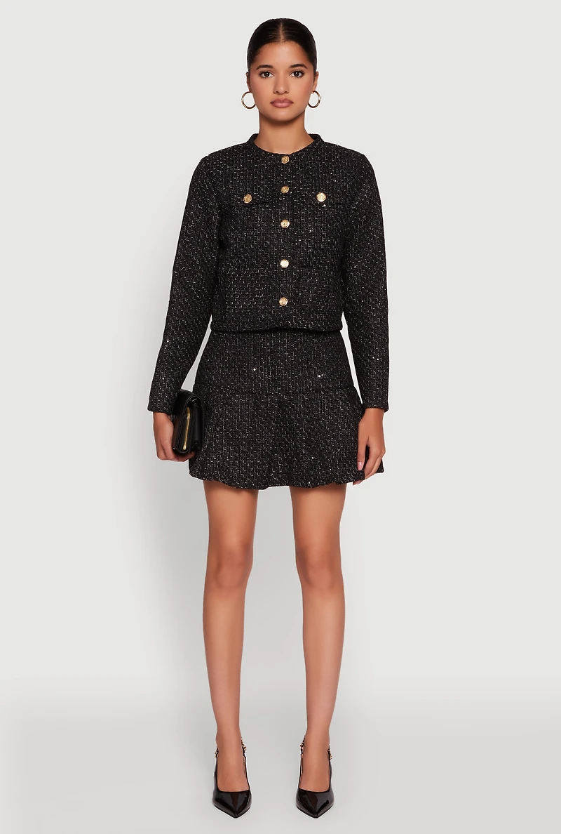 Womens Tweed Flap Pocket Cropped Button Front Blazer, Black, Size L