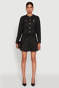 Womens Tweed Flap Pocket Cropped Button Front Blazer, Black, Size L