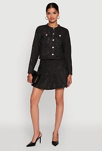Womens Tweed Flap Pocket Cropped Button Front Blazer, Black, Size L