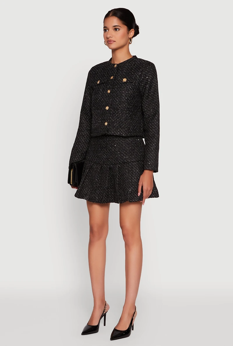 Womens Tweed Flap Pocket Cropped Button Front Blazer, Black, Size L