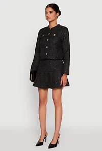 Womens Tweed Flap Pocket Cropped Button Front Blazer, Black, Size L