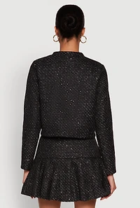 Womens Tweed Flap Pocket Cropped Button Front Blazer, Black, Size L